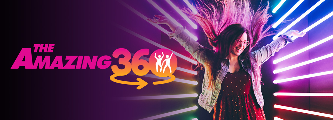 Smiling Woman's Hands Out Having Fun Inside Colorful LED-Lit 360° Video Booth Experiencing The Amazing 360